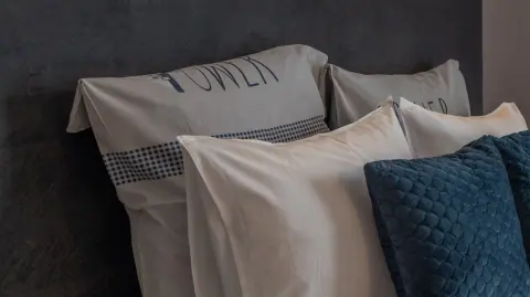 Cushions and headboard in the guesthouse bedroom
