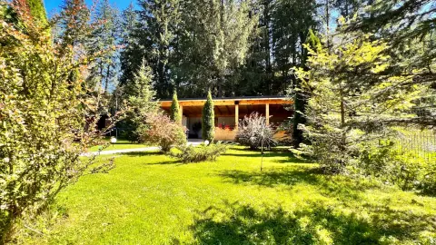 Wooden gazebo, lawn and trees in the guesthouse garden