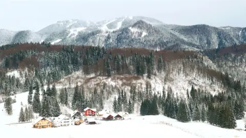 Winter landscape with forest, mountains and houses in Poiana Cristianului